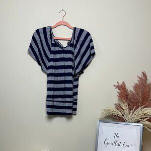 Body Central Grey and Navy Striped Flared Sleeve Top with Lace Back (M)
